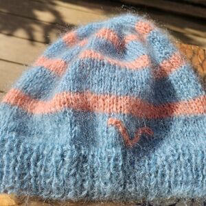 Handknitted With Italian Mohair Blue and Orangie Pink Striped Women's Beanie